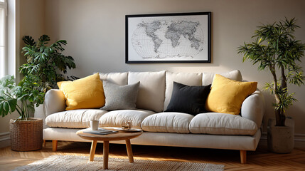Living room with a sofa, pillows, plants, coffee table, and world map decor