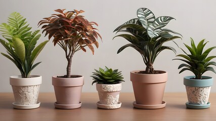 Fototapeta premium Five Potted Plants Arranged on Wooden Tabletop Home Decor