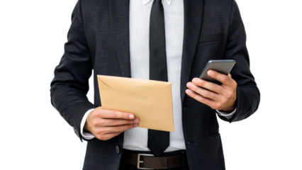 Businessman holding an envelope and a smartphone. transparent background.