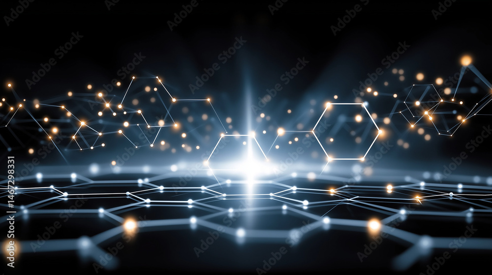 Poster abstract digital universe: a mesmerizing display of interconnected hexagons and radiant light, symbo