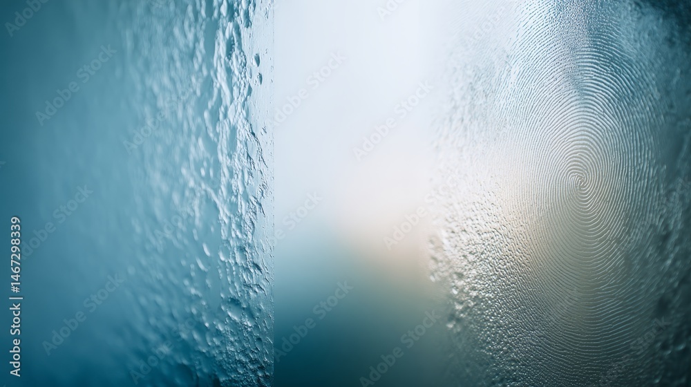 Poster Close-up view of a detailed fingerprint on a glass surface showcases its intricate patterns illuminated by soft light, creating dynamic textures and copy space