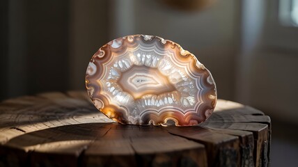 Translucent Agate Slice On Rustic Wooden Stump With Soft Lighting