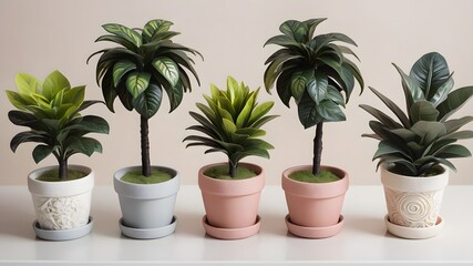 Fototapeta premium Five Stylish Artificial Potted Plants Home Decor Green Foliage Houseplants