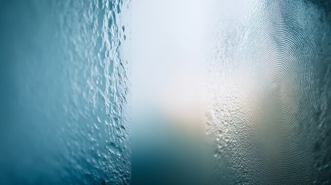 Close-up view of a detailed fingerprint on a glass surface showcases its intricate patterns illuminated by soft light, creating dynamic textures and copy space