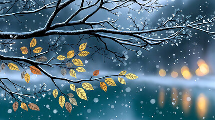 Serene Winter Scene: A tranquil winter scene unfolds with a branch adorned with colorful leaves against a backdrop of a misty lake and snowfall, creating a scene of cold beauty and peace.