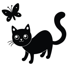 Adorable Black Cat and Butterfly Illustration