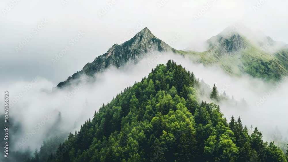 Poster low clouds flowing over a mountain range, blanketing a lush coniferous forest, create a captivating 
