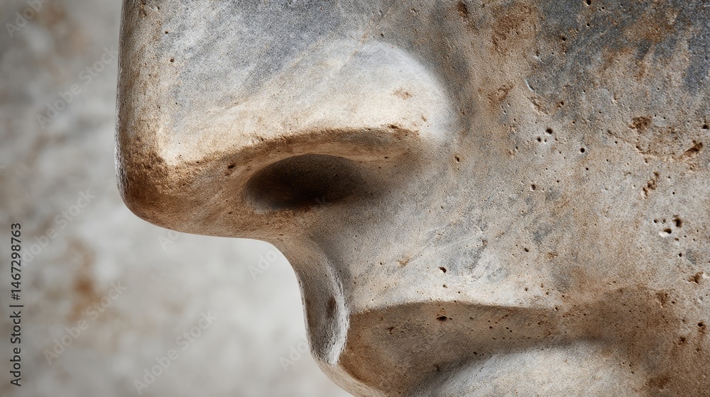 Leinwandbilder Close-up of a minimalist clay sculpture showcasing smooth features and a serene expression, highlighted by soft natural light with copy space for text