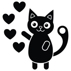 Adorable Black Cat with Hearts Cute Cartoon Illustration