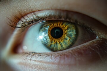 A close up of a person's eye with a greenish tint
