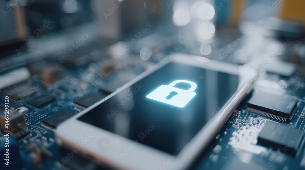 Poster Close-up shot features a smartphone on a tech motherboard with a glowing lock icon, highlighting encryption and digital security in the tech landscape