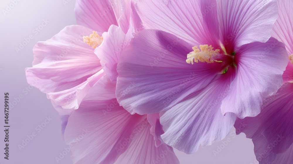 Poster Soft pink hibiscus petals create an abstract pattern that evokes tranquility, set against a light background with space for text on the right side
