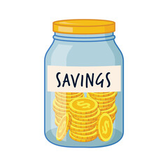 glass jar filled with dollar coins and labeled savings; perfect for financial planning visuals, budgeting concepts, wealth accumulation, personal finance themes- vector illustration