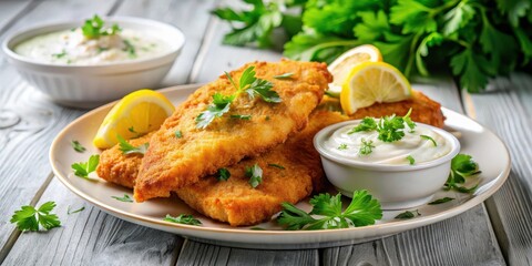 Crispy fried fish fillets with tartar sauce and lemon wedge on a white plate surrounded by fresh herbs, garnished with a sprig of parsley , lemon wedge, crispy fried fish