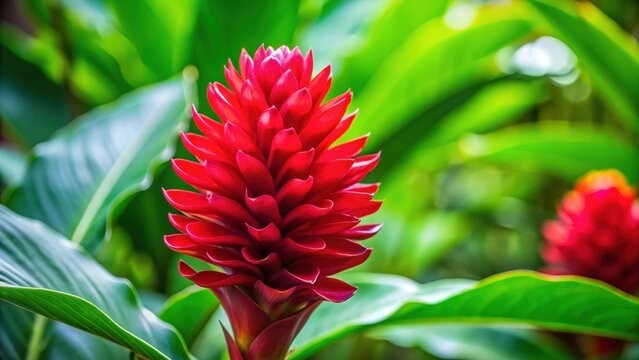 Vibrant Red Zingiber Flower in full bloom , flowering plant, garden flowers