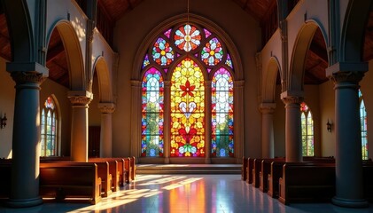 Obraz premium Modern sanctuary interior, stained glass window, devotion, architecture