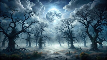 Dark forest with twisted trees and eerie mist under a full moon hidden behind thick clouds, mysterious shadows, horror night landscape