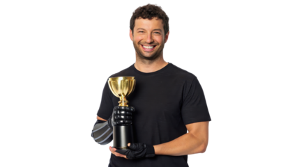 Man holding a trophy with a joyful expression. transparent background.