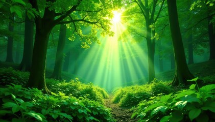 Dense forest, sunlight filtering through leaves, lush green canopy , peaceful, light, vegetation