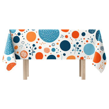 isolated transparent Background. Colorful polka dot tablecloth with blue and orange circles and leaf patterns, adding cheerful and lively touch to wooden table
