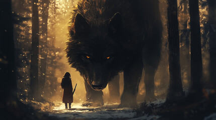 A fantasy scene with large, majestic black wolf standing beside a beautiful young huntress woman in the forest. 
