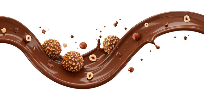 Splash de creme de chocolate com bombons e avel&atilde;s voando em fundo transparente. Doce, cremoso e apetitoso conceito de confeitaria.