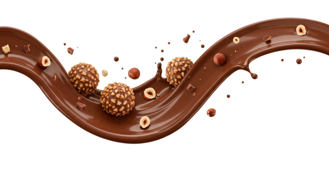 Splash de creme de chocolate com bombons e avelãs voando em fundo transparente. Doce, cremoso e apetitoso conceito de confeitaria.