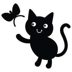Playful Black Cat Reaching for Butterfly Cute Cartoon Illustration