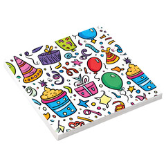 isolated transparent Background. Colorful party napkins with balloons, gifts, cupcakes, and confetti for festive birthday celebration