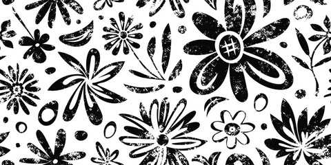 Drawing of leaves and flowers, seamless pattern, grunge texture, vector floral background