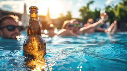 A group of four young adults is gathered in a swimming pool, raising their bottles in a toast.
