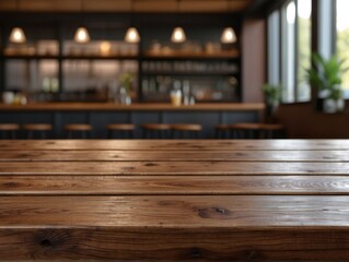 wooden board empty table set against a blurred coffee shop background