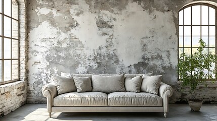 Elegant Cream Couch, Distressed Plaster Wall, Arch Window, & Indoor Plant near Window Light