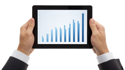 Hands holding a tablet displaying a growth chart. transparent background.