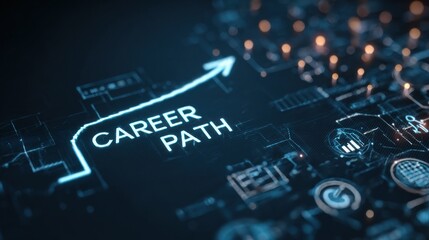 A digital screen showing a "Career Path" graph with a growing arrow and icons representing job opportunities and career milestones