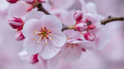 Obraz premium Delicate pink blossoms on a branch, showcasing vibrant petals and unopened buds