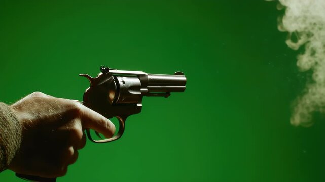 Revolver firing with smoke and a green screen background footage