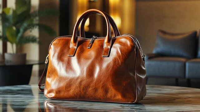 A glowing photo of a freshly repaired leather bag styled on a marble table. background