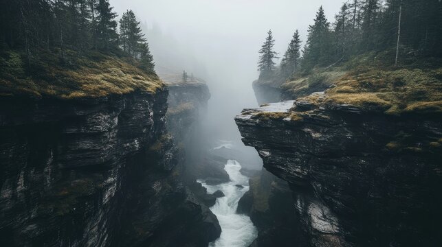 Misty mountain river gorge with steep mossy cliffs and evergreen trees - Powered by Adobe
