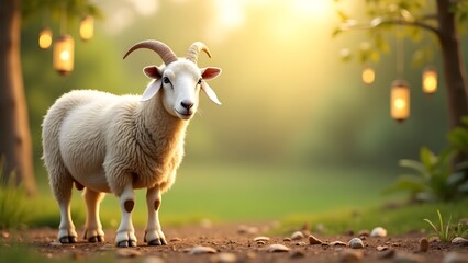 Obraz premium Majestic Ram in Golden Hour: A majestic ram with thick, white fleece and curved horns stands serenely on a dirt path, bathed in the warm light of the setting sun.