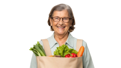 Smiling woman holding a bag of fresh vegetables. transparent background.