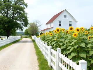 White farmhouse along gravel road with sunflowers growing