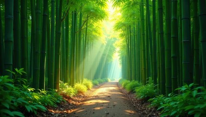 Dense bamboo forest, sunlight filtering through leaves, creating dappled shadows on the ground , emerald green, vibrant