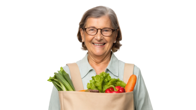 Smiling woman holding a bag of fresh vegetables. transparent background.
