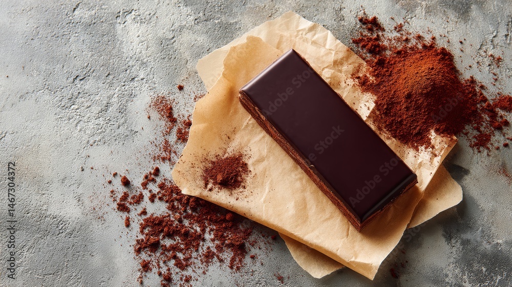 Poster a dark chocolate bar rests on craft paper, surrounded by cocoa powder on a rough concrete surface, i