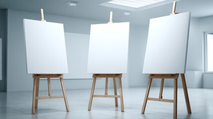 Three wooden easels stand in a bright, minimalist room, each holding a blank white canvas, inviting artistic endeavors in an inspiring setting