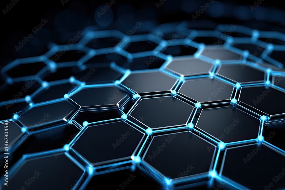 Poster abstract hexagonal pattern of connected shapes, with glowing lines