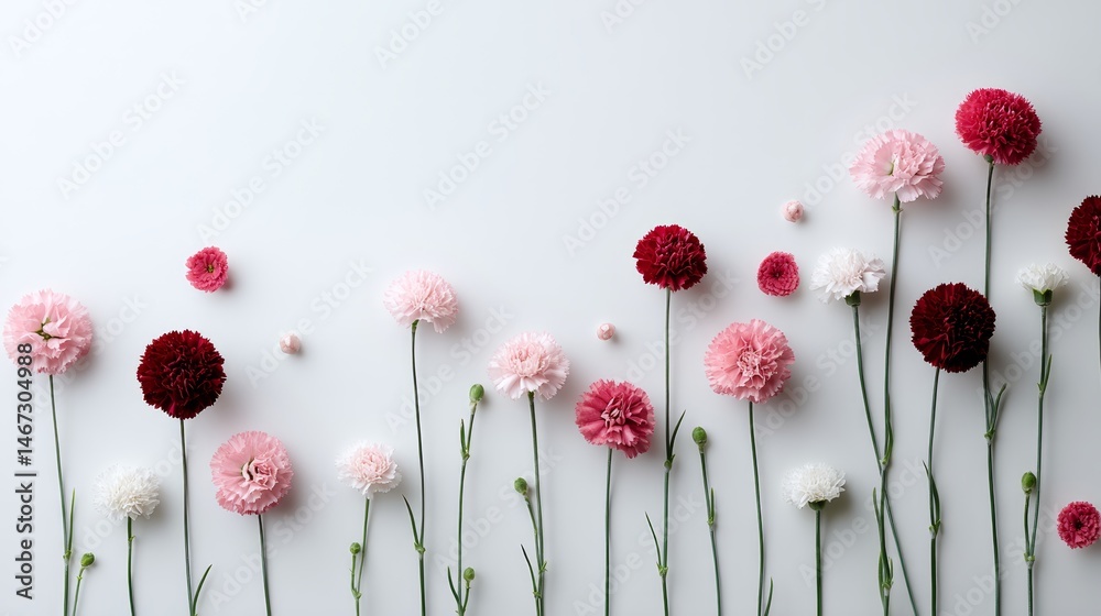 Poster Soft pastel flowers are arranged in an airy repeating pattern against a bright white background, providing a serene and inviting ambiance with a clear space for text