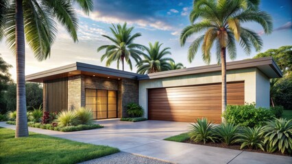 Fototapeta premium A modern single-story house with a large garage door and an abundance of lush greenery surrounding it including exotic palm trees swaying gently in the breeze , eco friendly home, landscaping ideas