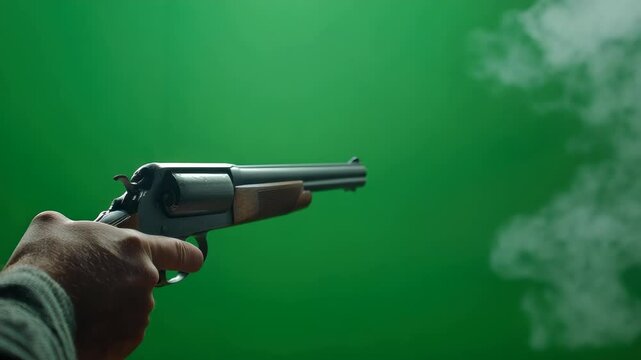 Revolver fires against vibrant green screen backdrop for creative edits